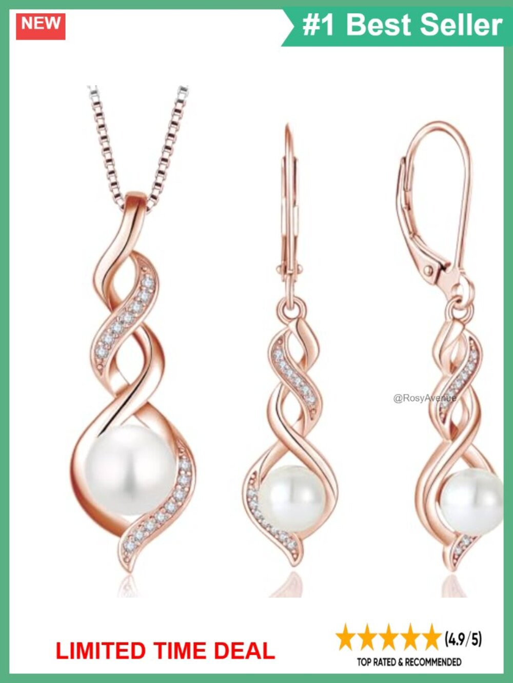 925 Sterling Silver Pearl Pendant Necklace & Earrings Jewelry Set Gift